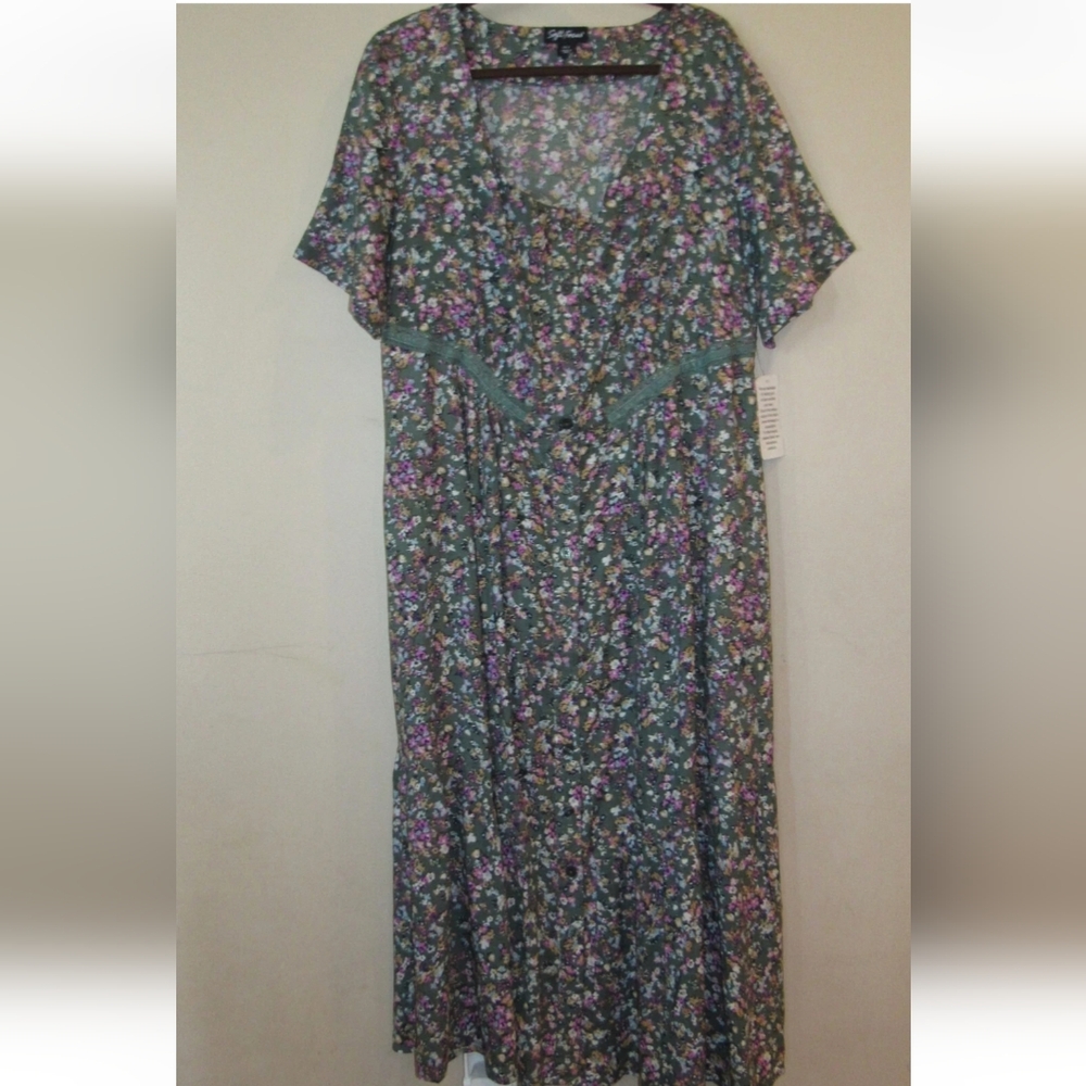 NWT SOFT FOCUS Maxi Dress Sz 16W Cottage Core Green Floral Button Front Retro